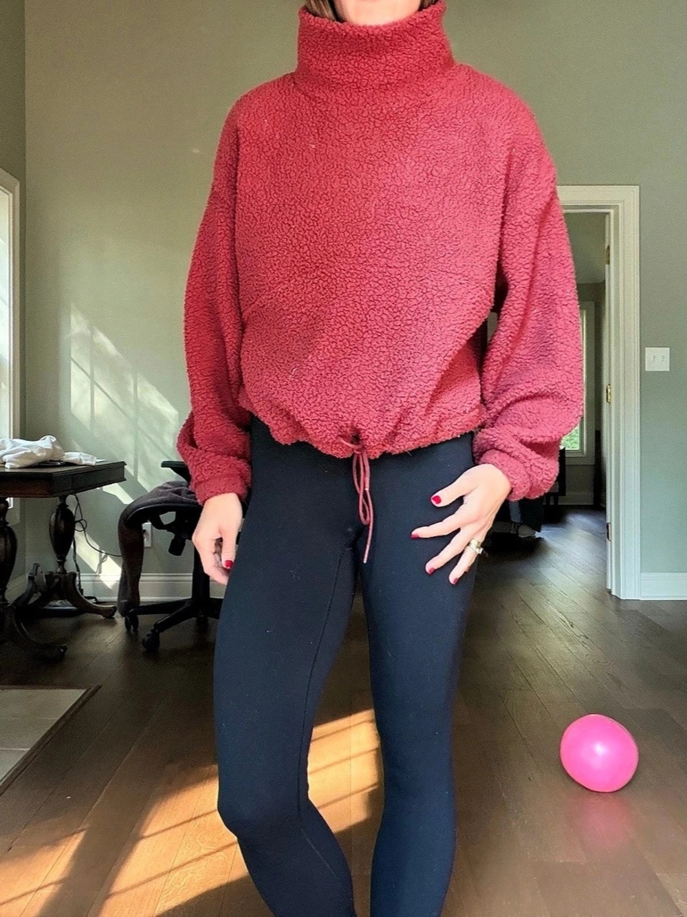 Teddy Bear Cinchable Fleece Zip-Up Burgundy Pullover
